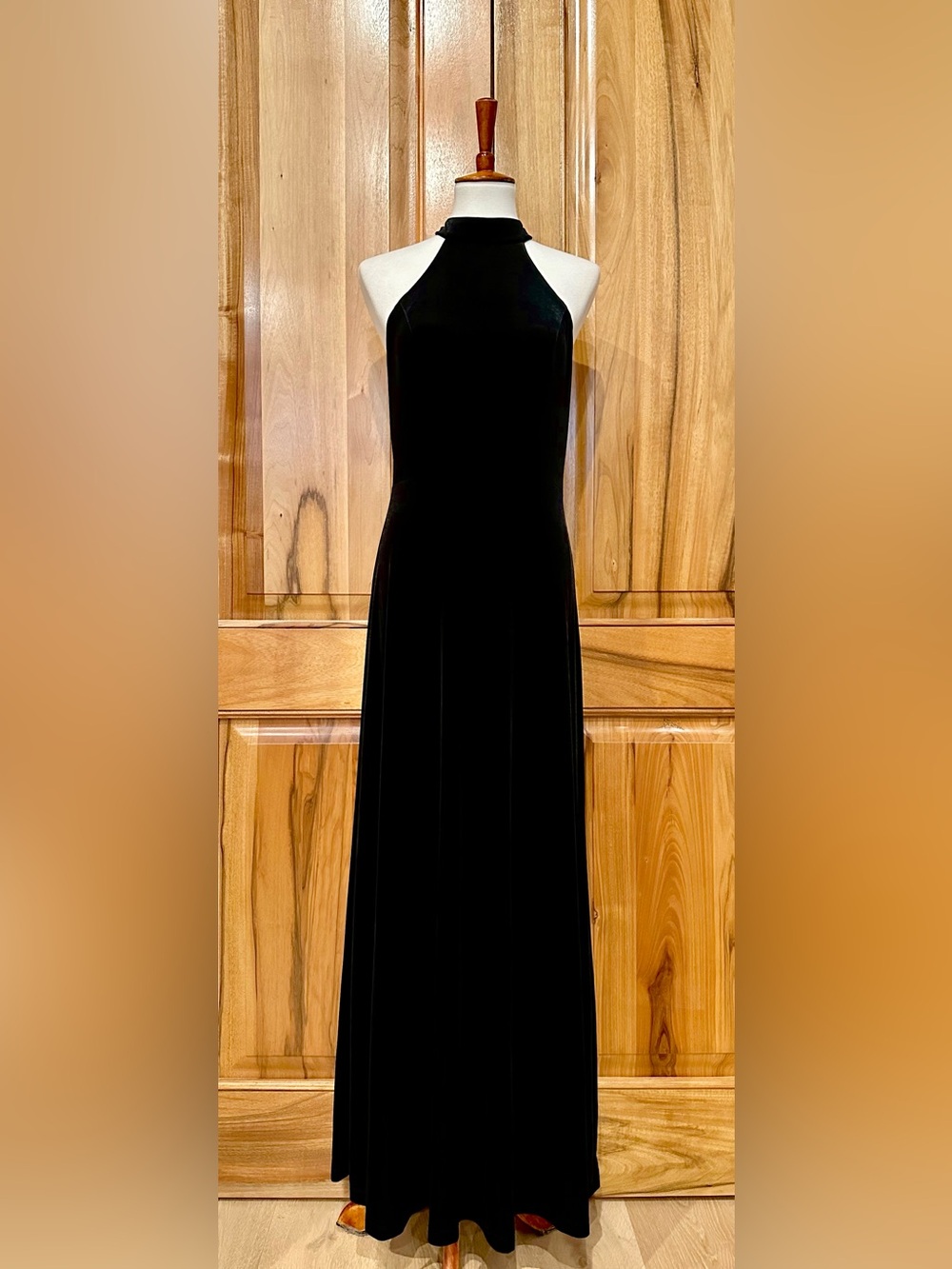 Revelry Black Stretch Velvet/Velour, Plunging Back/High Neck Gown, EUC, 8